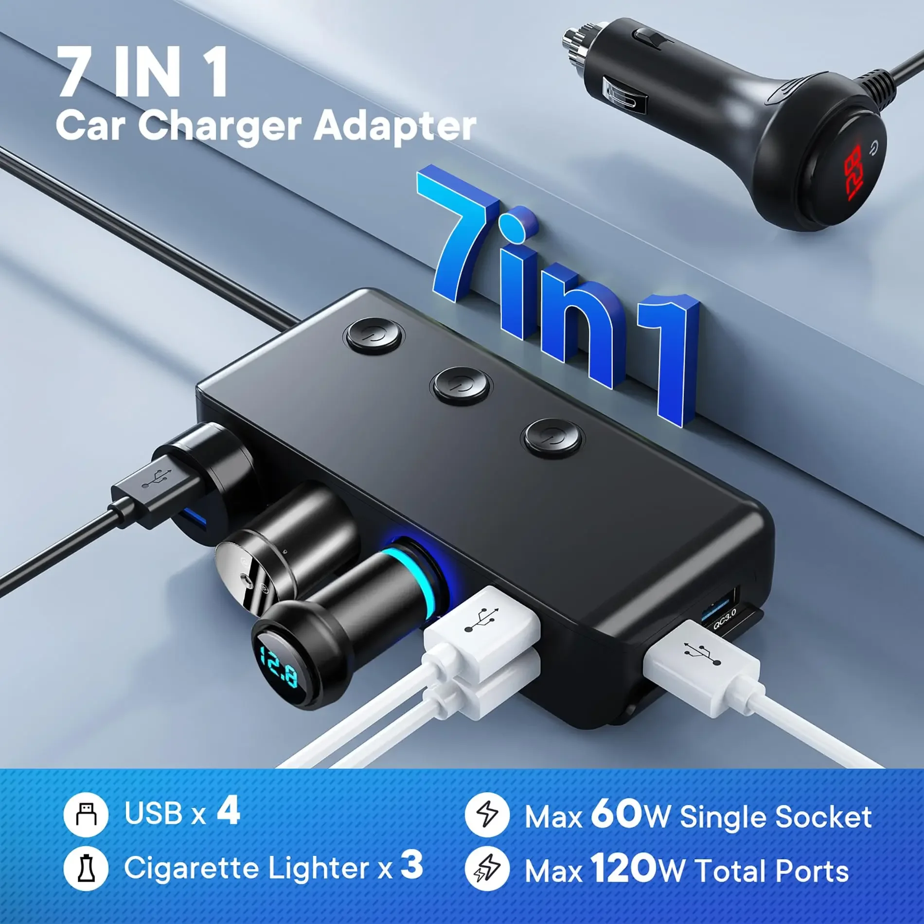 Car Charger Splitter 200W 3 Socket Cigarette Lighter Adapter with PD30W USB-C & QC3.0 Multi USB Car Charger DC Outlet(TR30)