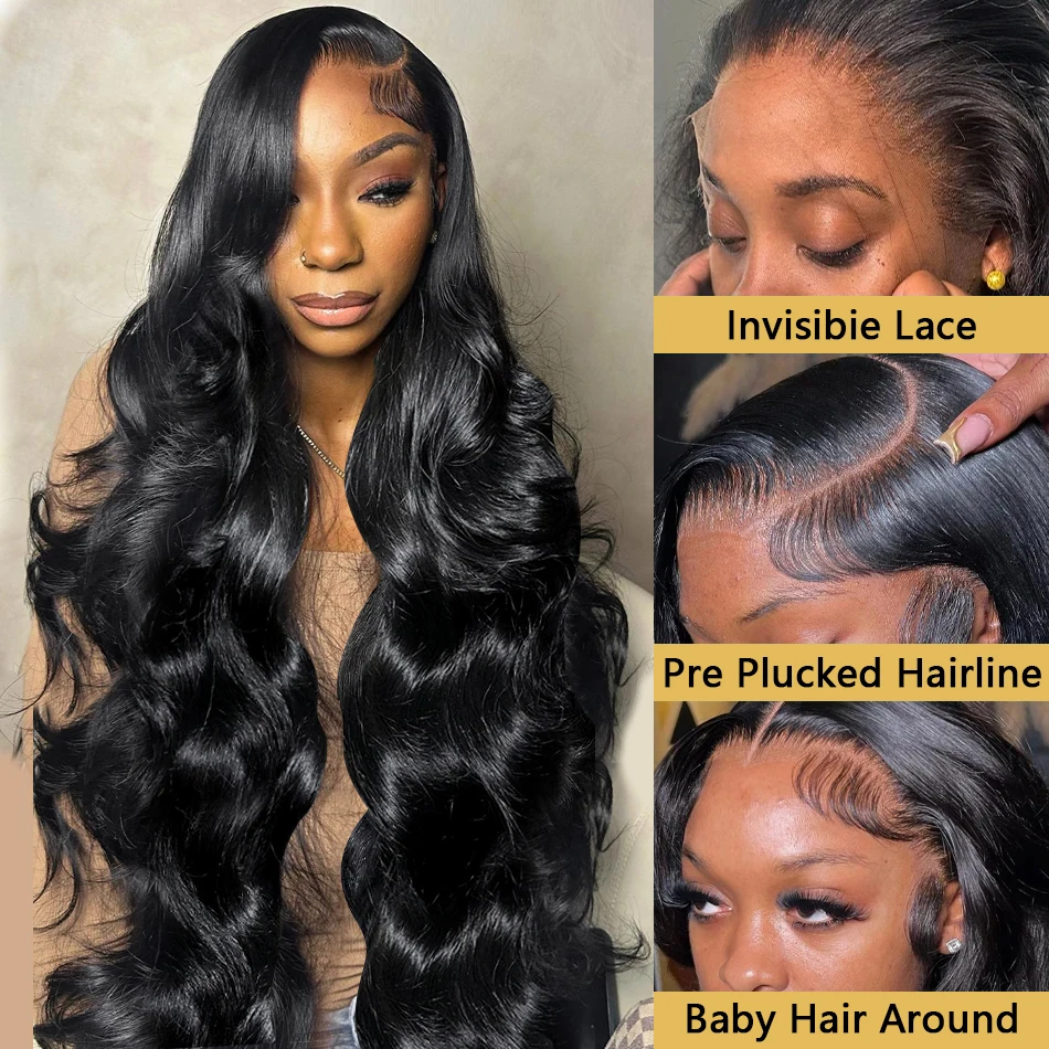 Perruque Lace Front Wig Body Wave brésilienne naturelle, cheveux humains, 13x4 Hd, pre-plucked, 360, 30 40 pouces, pour femmes