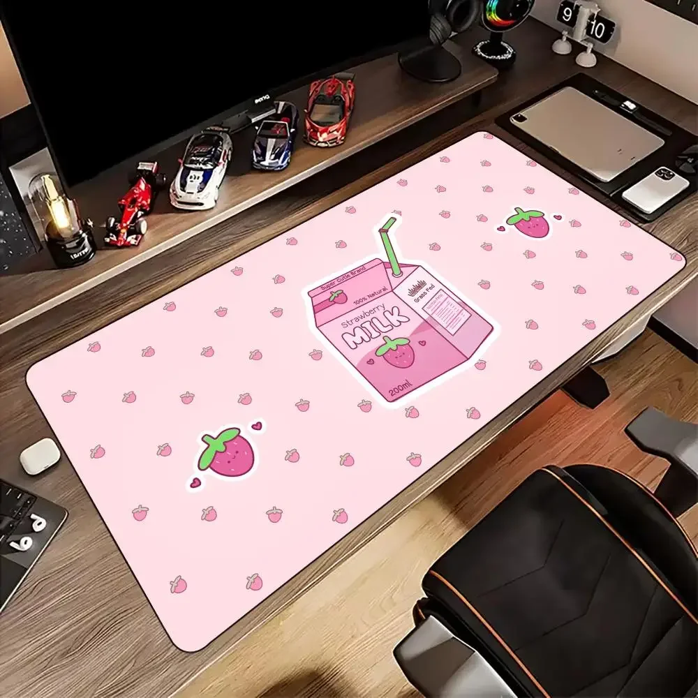 Cute Pink Strawberry Milk Large Gaming Mouse Pad Sweet Cartoon Fruit Drink Non‑Slip Rubber Extended Keyboard Desk Mat for Girls