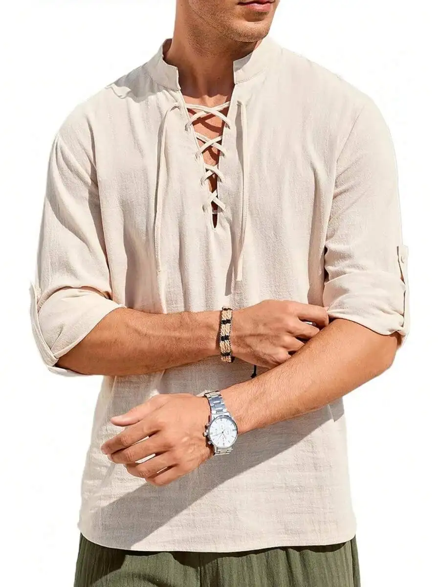

Men's Summer V Neck Drawstring Tied Collar Long Sleeve T Shirt Fashionable Beach Holiday Top Casual Daily Wear