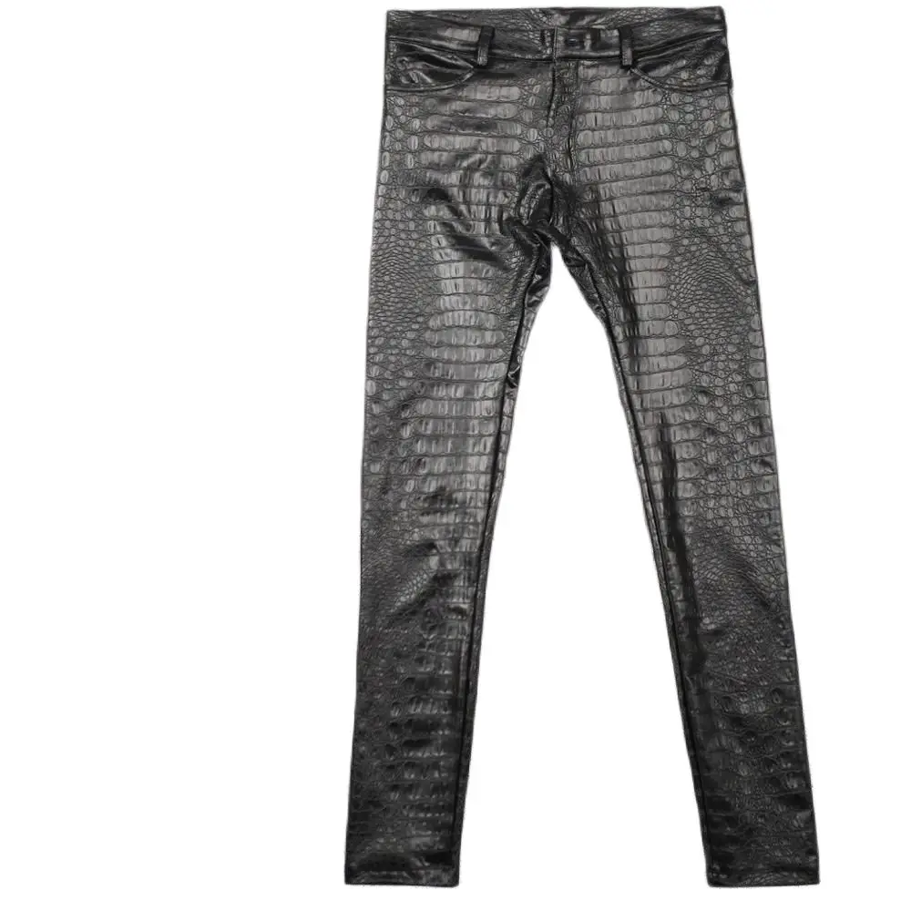 Leggings da uomo imitano i pantaloni con stampa Stereo in coccodrillo pantaloni a matita da motociclista in ecopelle in pile inverno Streetwear