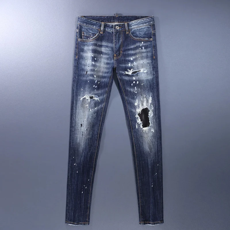 

Мужские джинсы Street Designer Fashion: ретро, темно-синие, стрейч, скинни, с кожаными нашивками, рваные, брендовые, винтажные, джинсовые брюки