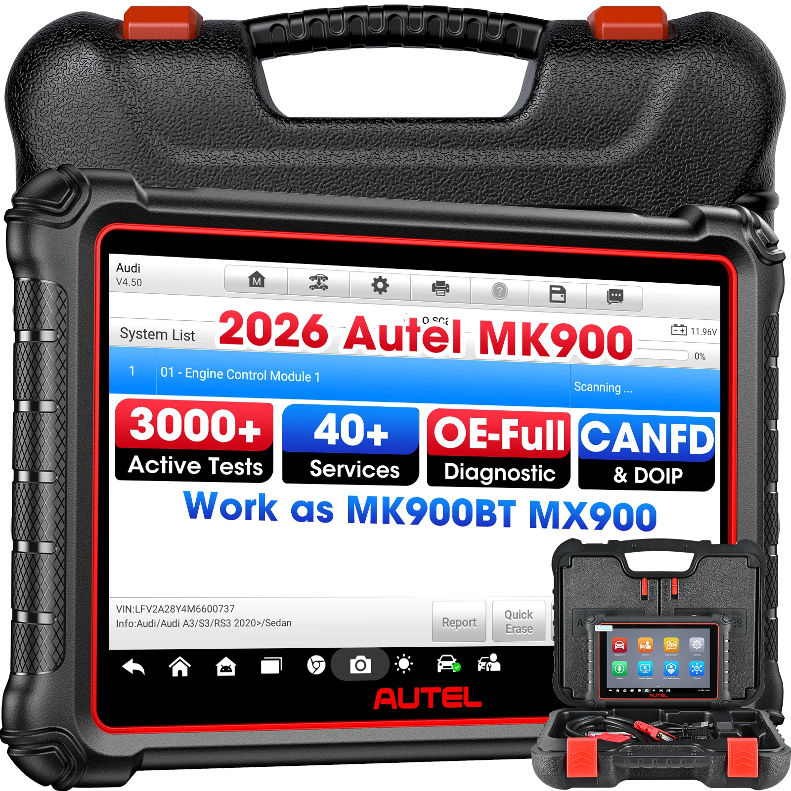 Autel MaxiCOM MK900 2026 – Appareil de diagnostic OBD2, Outils de diagnostic 2026, 40+ services, 3000+ tests actifs, Diagnostics tous systèmes, CAN-FD DOIP, FCA SGW, Android 11