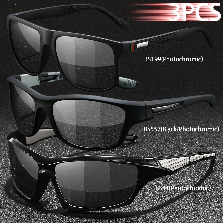 3PCS Photochromic Polarized Sports Vintage Sunglasses Men Women Cycling Driving Mountaineering Chameleon Sun Glasses UV400Eyewer