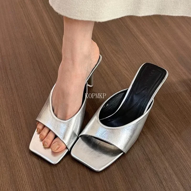 2024 New Fashion Summer Women Sandals Square Toe Ladies Heel Mules Sexy High Heels Sandal Slippers Female Designer Woman Shoes