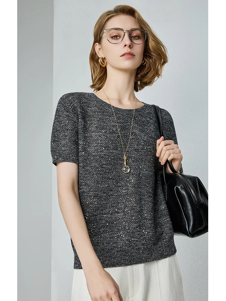 UNQ Dreamy 'Tianxing' Hemp Segment Dyeing Linen Yarn Loose round Neck Knitted Short Sleeve Top Women's Casual Fashion Spring ...