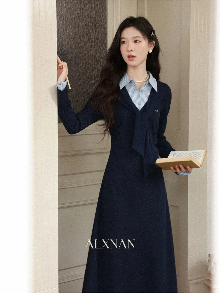 ALXNAN Women's Striped Shirt Dress Long Sleeve Belted French Style Midi Fall Elegant Casual Party Dresses Female Clothing L59029