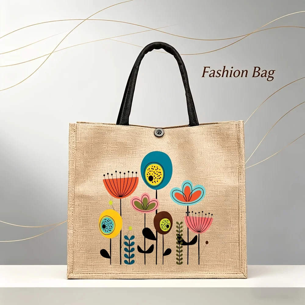 Women S Large Capacity Linen Shoulder Bag with a Macaron Color Block Abstract Floral Print on the Front Back to School Gift Bags