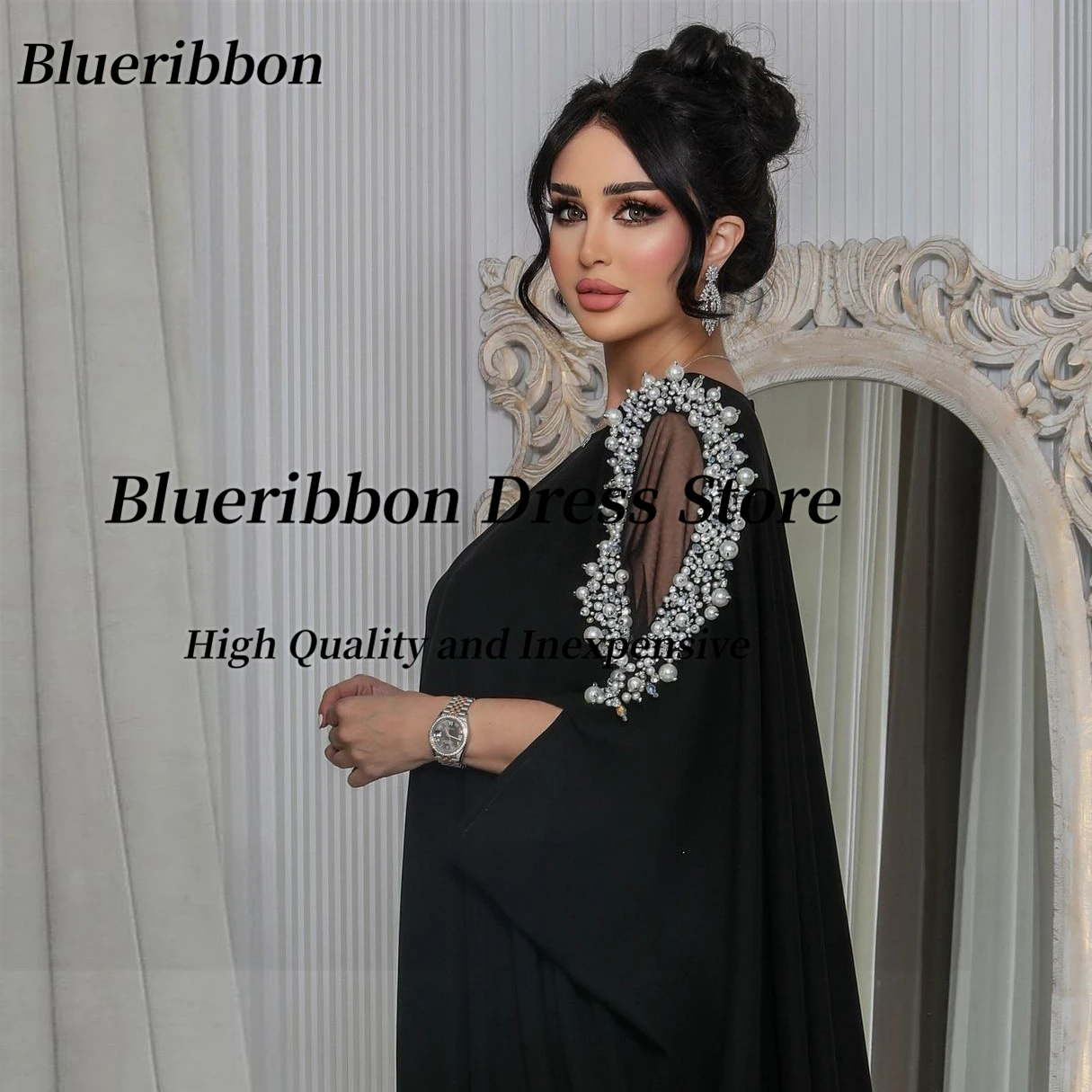 Blueribbon Saudi Arabia Black Dresses for Evening Party Handmade Beaded Robe Des Marrige Women Wear Birthday Party Prom Gowns