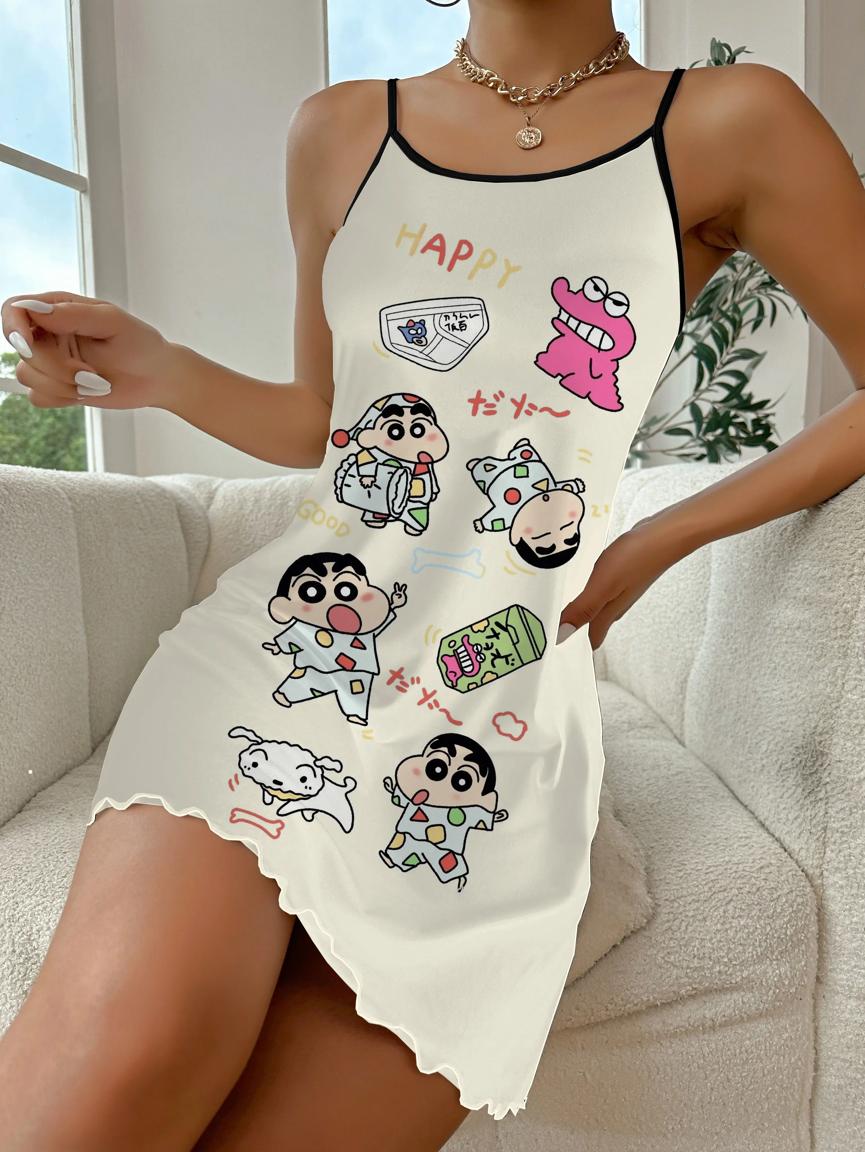 Crayon Shin-chan Women's Clothing Summer 2024 Trend Home Dress Elegant Gown Crew Neck Lettuce Trim Fashion Dresses Female Mini