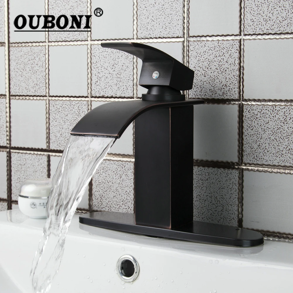 

OUBONI Matte Black Waterfall Bathroom Faucet Modern Deck Mounted Single Handle Basin Faucets Minimalist Hot Cold Mixer Taps