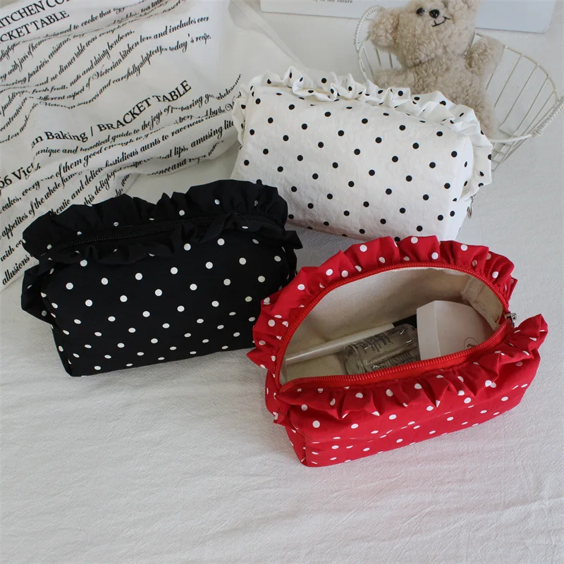 Vintage Polka Dot Cosmetic Bag Ruffle Edge Decor Large Capacity Makeup Pouch Women Portable Travel Skincare Storage Organizer