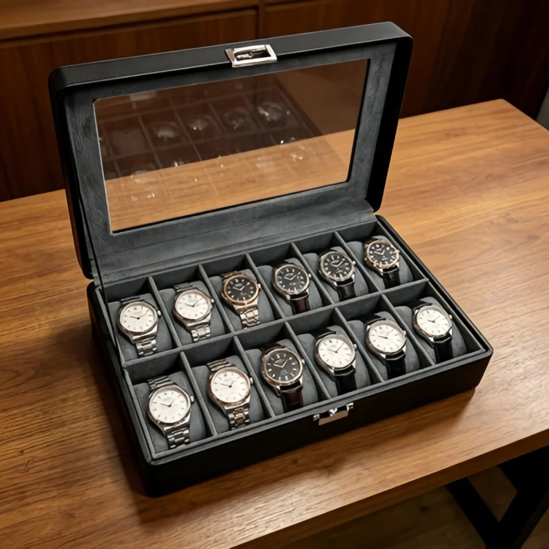 

Dustproof 12 Slot Watch Box with Clear Window, Lockable Leather Watch Organizer + Bracelet Storage Box 4Pcs Set for Home Use