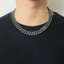 ULJ Hip Hop Men Women 14 Prong Cuban Link Chain Bling Iced Out 2 Row Rhinestone Paved Miami Black Necklace Jewelry