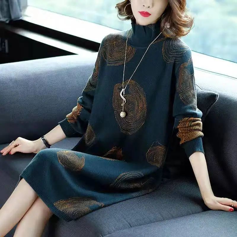 Spring and Autumn Winter Long Sleeved Slim Fit Semi High Collar High-end Jacquard Over the Knee High-end Dress Woolen Dresses