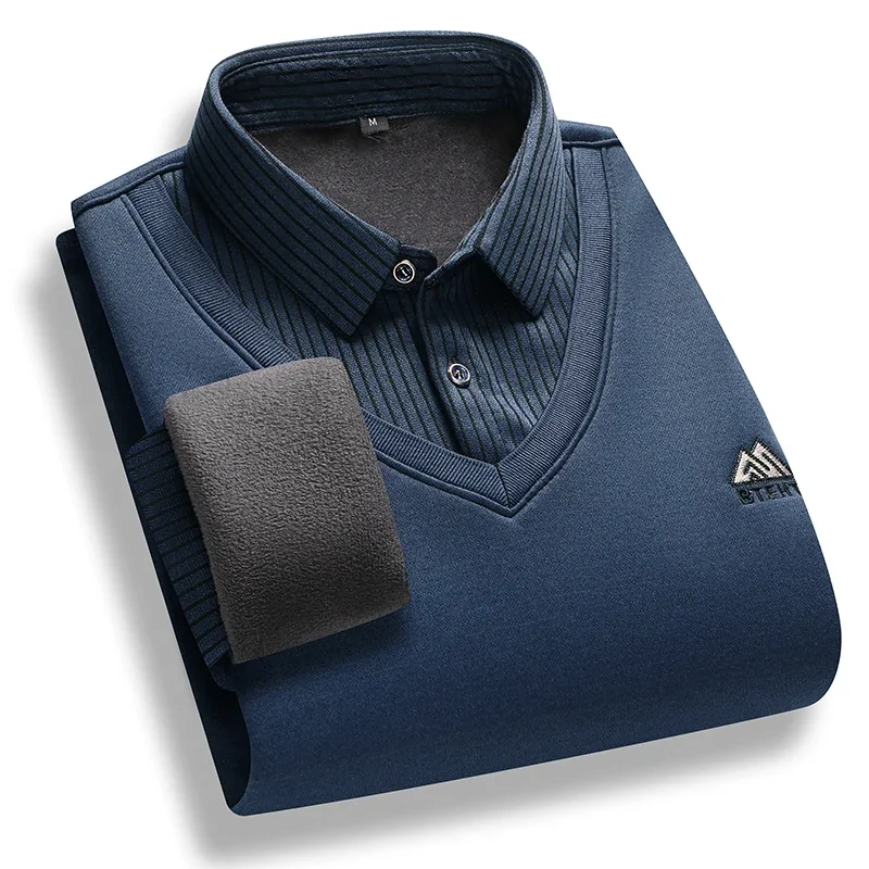 팝 남성용 양털 안감 스웨터 폴로 칼라 풀오버 탑 가짜 투피스 패션 비즈니스 인과 풀오버 두꺼운 겨울 의류