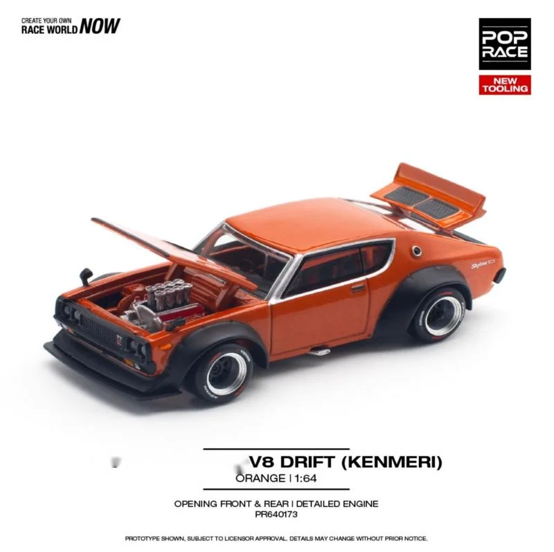 POPRACE 1/64 PR640173 KPGC10 Kenmeri V8 Drift Modified Orange Alloy Car Model