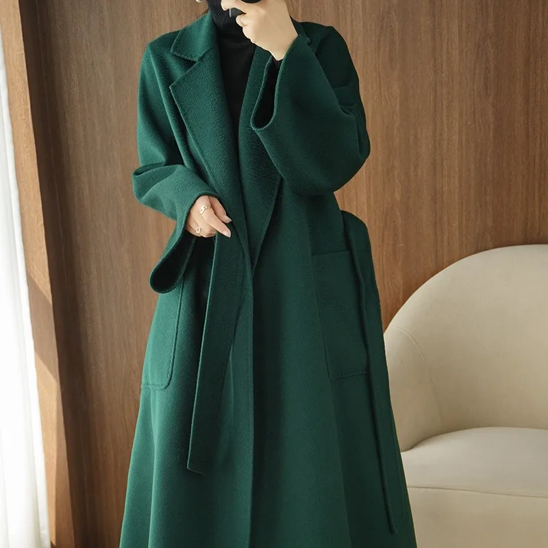 

Hot sales water ripple coat women's autumn and winter mid-length loose double-sided cashmere coat Korean style lace-up wool coat
