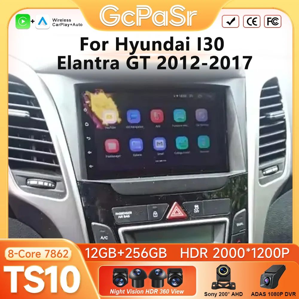 Android Auto CarPlay For Hyundai I30 Elantra GT 2012-2017 Car Radio Screen Automotive Multimedia GPS Navigation Android 16 DVD