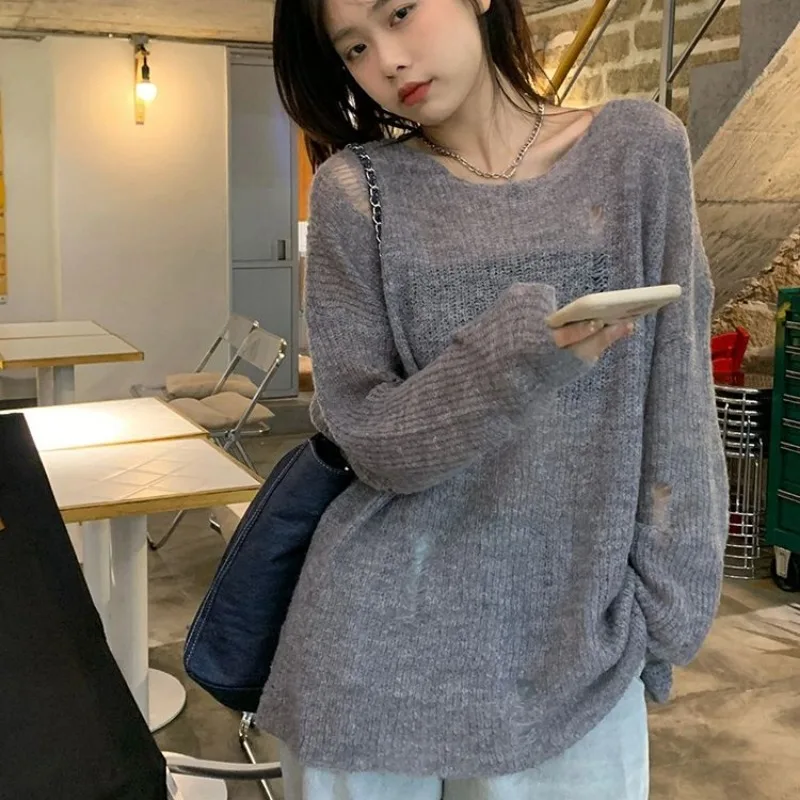 Hole Pullovers Women Grey Hollow Out Knitted Slouchy Fashion All-match Tops Baggy Streetwear Casual Sweater Jumpers Chic Girls