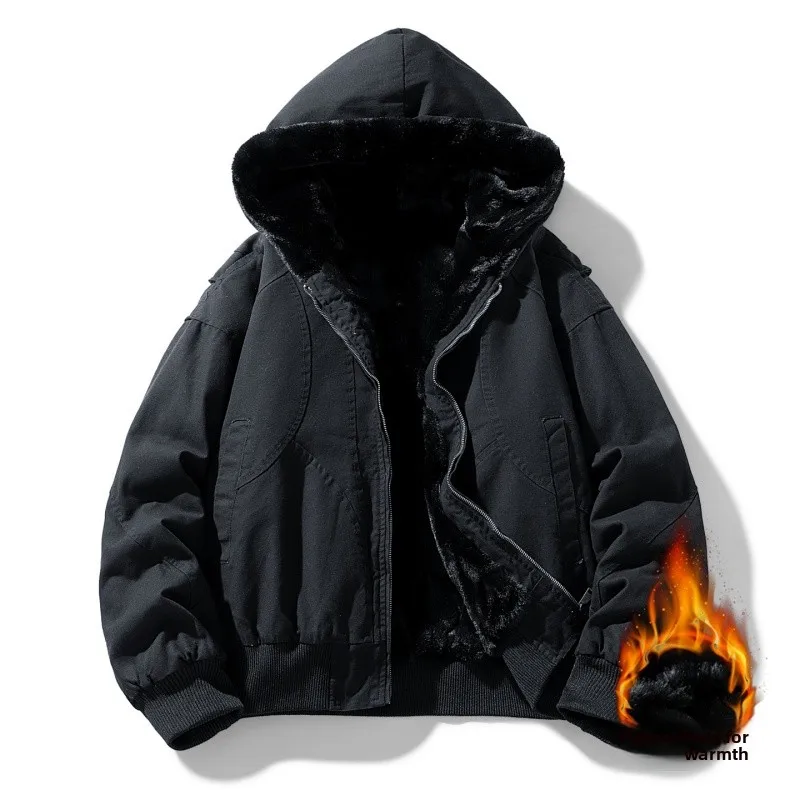 

Autumn Winter Short Thickened Warm Oversized Canvas Washed Padded Jacket with Faux Fur Inside Loose Casual Hoodie Male Pike Top