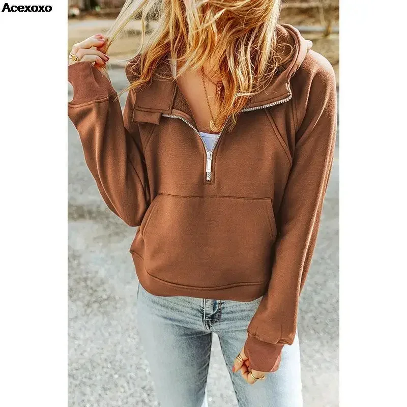 

Autumn new women's fashion casual solid color hooded zipper wool long sleeve top