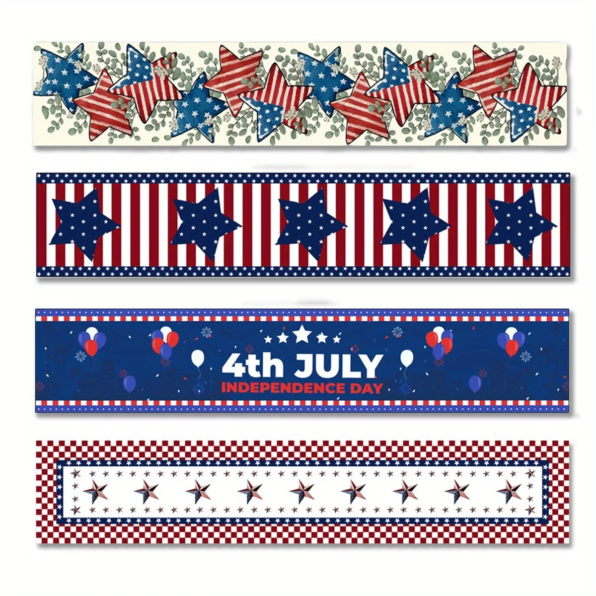 Patriotic Independence Day Table Runner, Red White Blue Stars Stripes Print, 100% Linen Rectangle Table Decor for Kitchen, BBQ,