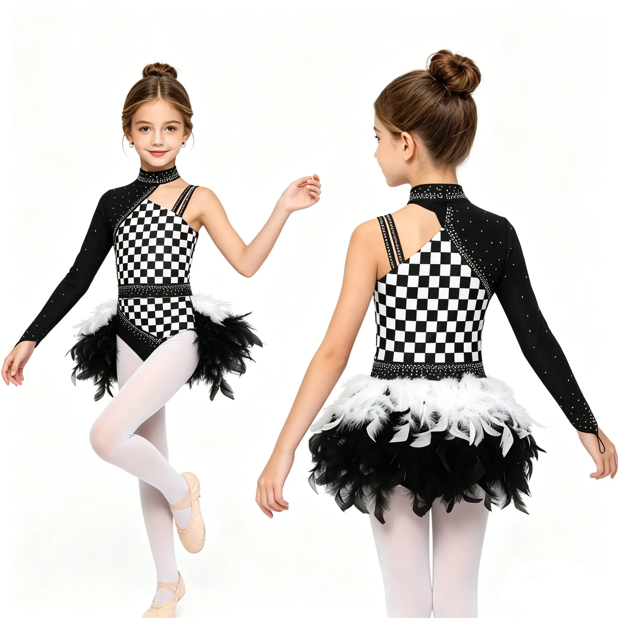 Mädchen Jazz-Tanz-Bodysuit mit Glänzenden Strass-Steinen und Federn Bedruckt Eiskunstlauf Ballett Gymnastik Akrobatik Tutu Trikot-Kleid
