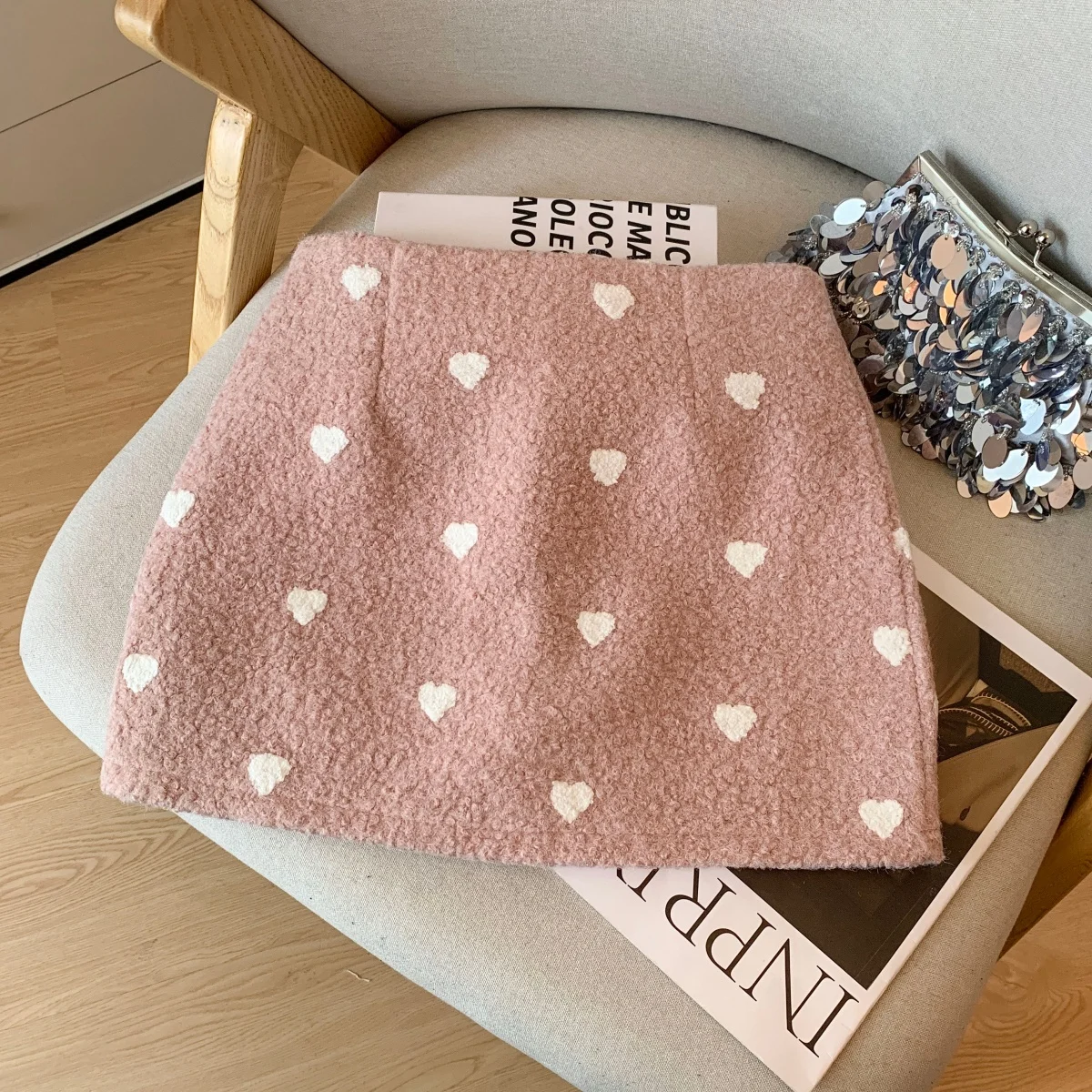 Faux Shearling Polka Dot Heart Print Mini Skirt Women's Fall/Winter Thickened Outerwear Super Stylish Korean-Style Bodycon Skirt