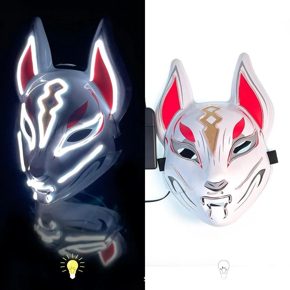 Máscara de zorro japonesa de PVC, máscara de luz de neón LED, máscara de disfraz de Halloween, máscara LED luminosa, accesorios para fiesta de baile, decoración facial completa reutilizable