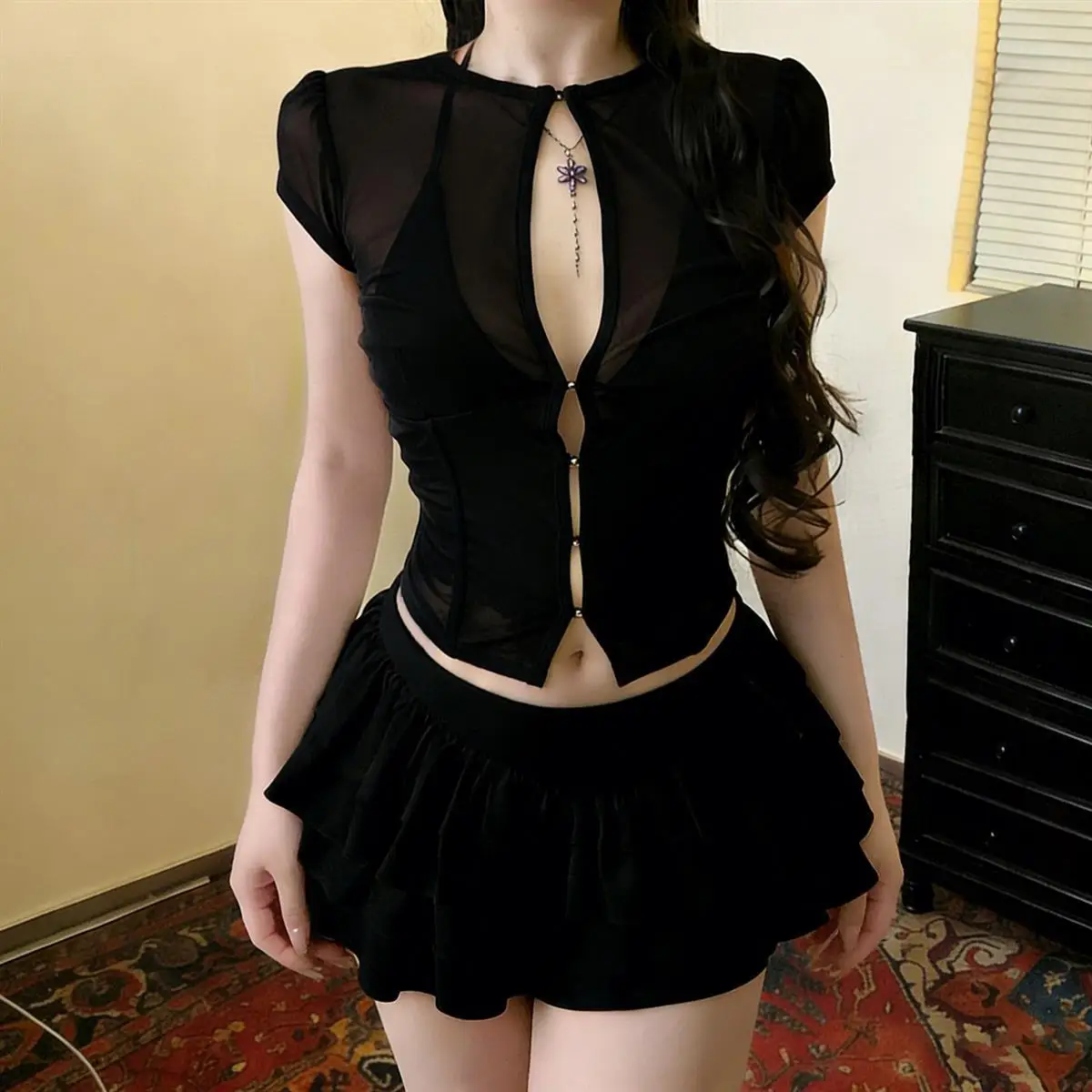 Personalized Spice Girl Sexy Hollow Mesh Splicing Crew Neck Short Sleeve T-Shirt Women's Summer Slim Neck Tie-Up Top