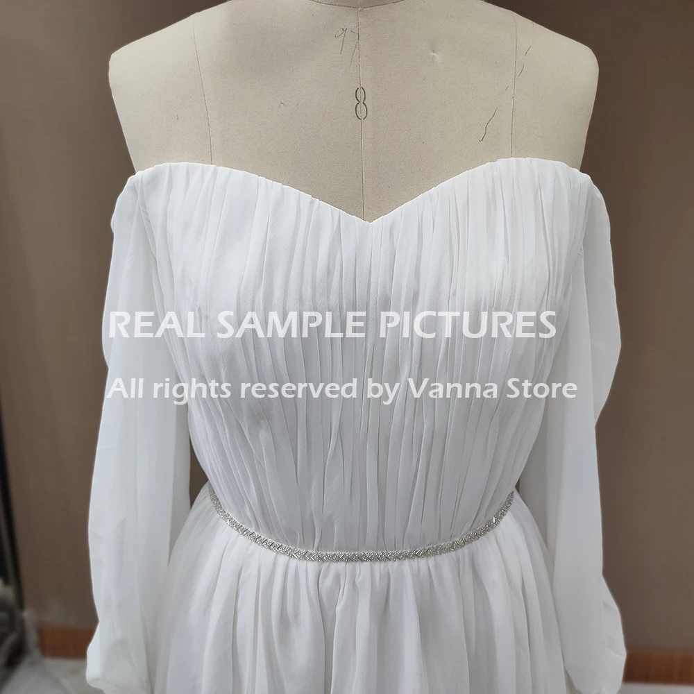 Off The Shoulder Ruched Chiffon Wedding Dress Simple Pleated Beach 2021 Cheap Backless Long Puffy Sleeves Bridal Gown 10144