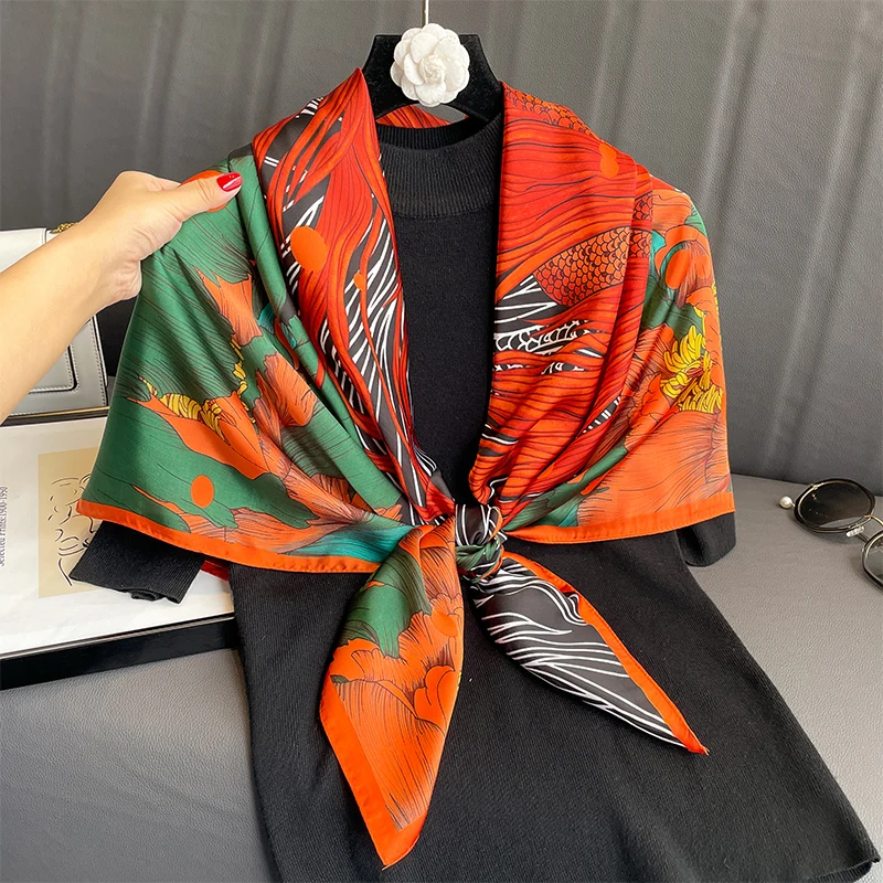 110X110Cm Vrouwen Zijden Vierkante Sjaal Hijab Dames Ontwerp Print Dame Sjaal Wraps Foulard Hoofdbanden Bufanda Grote Bandana Luxe 2023