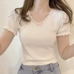 White T-Shirt for Sweet Girl Ribbon Lace Trim V-Neck Bowknot Puff Sleeve Slim Short Cotton TShirt Kawaii Clothes Summer Tops