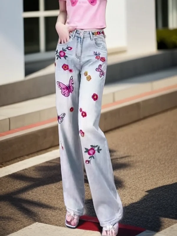 

Spring 2026 High Waist Embroidered Heavy Floral Wide Leg Jeans Women's Faionable Versatile Small Size Casual Sle Zipper Fly