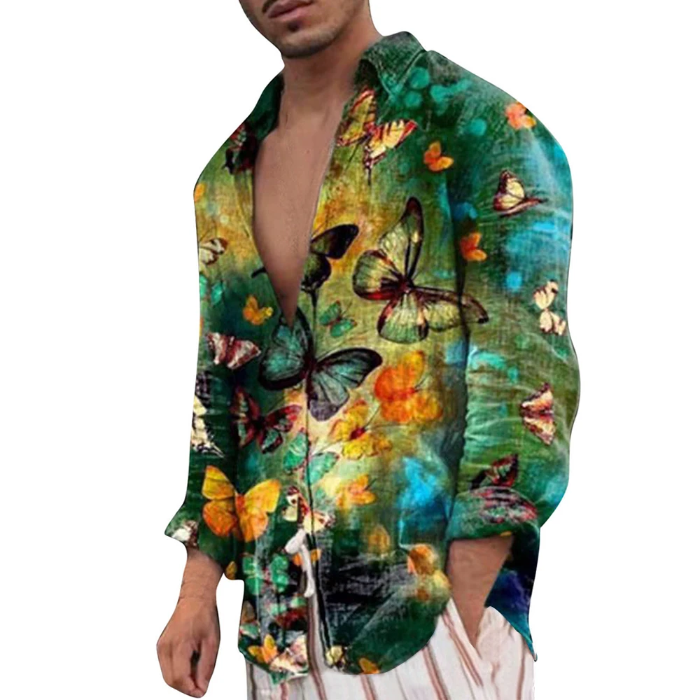 Camisa con estampado de mariposa para hombre, Top ajustado Hawaiano de manga larga, holgado, con botones, talla grande