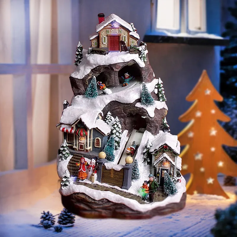 Creative Resin Christmas House Music Box with Bell European Style Luminous Lamp Ski Handicraft Ornament