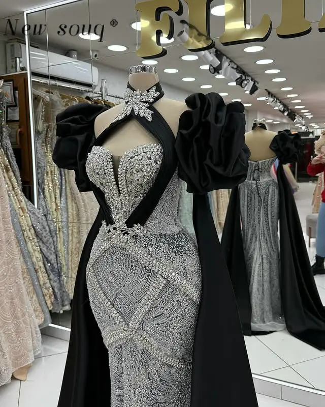Arabic Black Mermaid Evening Dress with Cape Sleeve Customized Elegant Sparkle Silver Crystals Formal Wedding Night Party Gowns