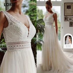 LORIE artystyczne suknie ślubne V Neck aplikacje koronkowy tiul kość słoniowa eleganckie suknie dostosowane linia A panna młoda Boho Vestidos de novia