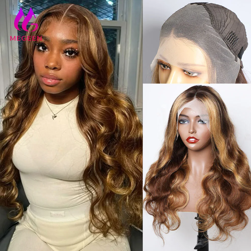 

Megeen Body Wave Transparent Lace Frontal Wigsd 13X4 Lace Front Wigs P4/27 Highlight Human Hair Honey Blonde Ombre Colored Wigs