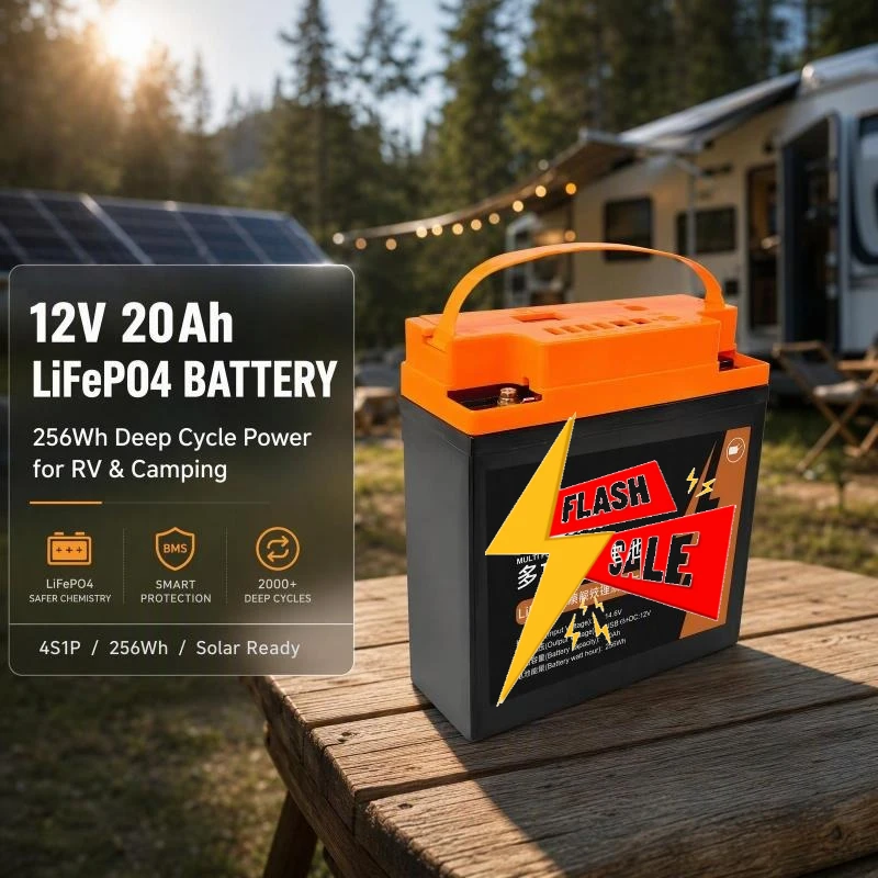12V 20Ah LiFePO4 Battery 4S1P 256Wh Deep Cycle Rechargeable Battery for Solar Storage Camping RV Off-Grid Power Supply