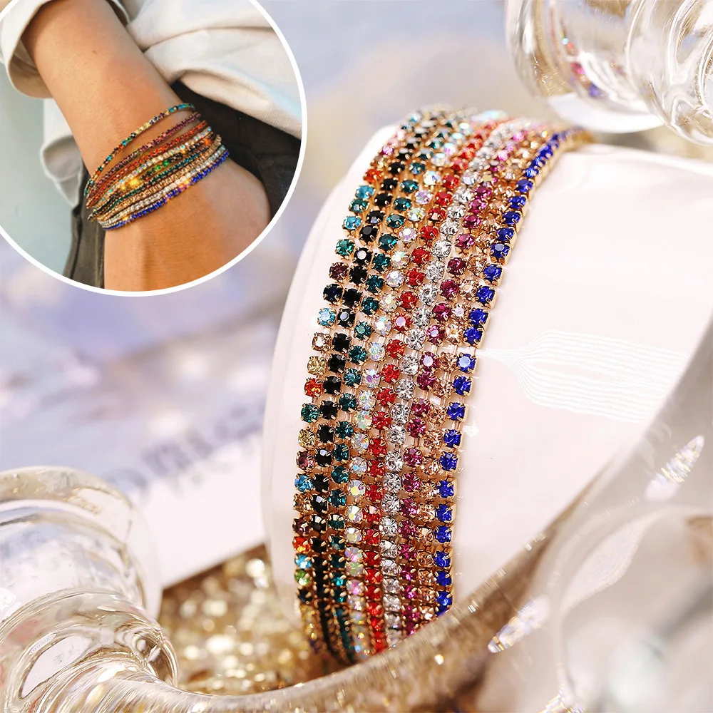 1Pcs Gold Color 2mm Single Row Cubic Zirconia Tennis Bracelet Elastic Bangle for Women Multi Layered Streetwear Jewelry