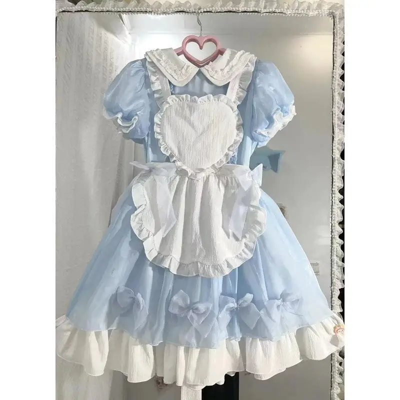 MAGOGO 3 Colors Bow Tie Lace Trim Short Puff Sleeve Lolita Dresses with Apron Women Summer Kawaii Anime Maid Cosplay Costumes