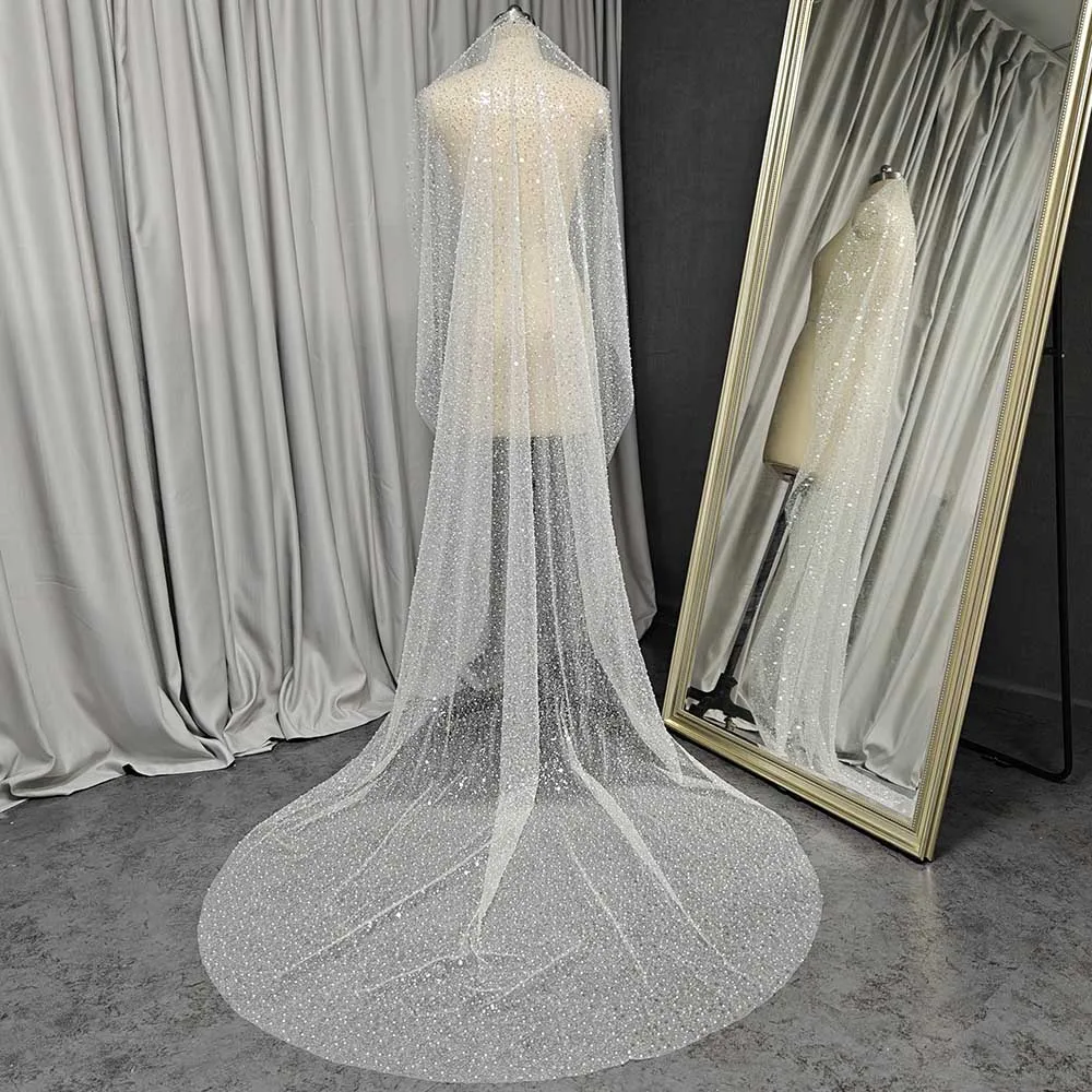 Customized Real Photos Wedding Veil with Beads Sequins Pearls 2.5 Meters Long Heavy Bridal Veil with Hidden Comb Mantilla Veil