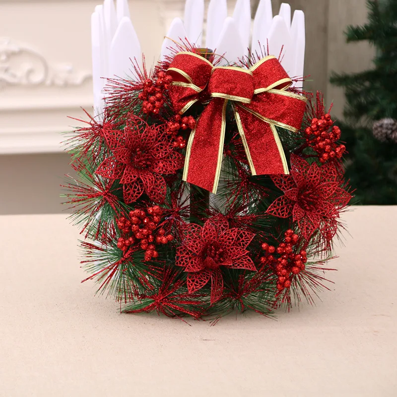 Christmas Wreath With Lamp Bow Ball Big Red Flower Navidad Party Wall Door Window Fireplace Staircase Balcony Garden Wreath