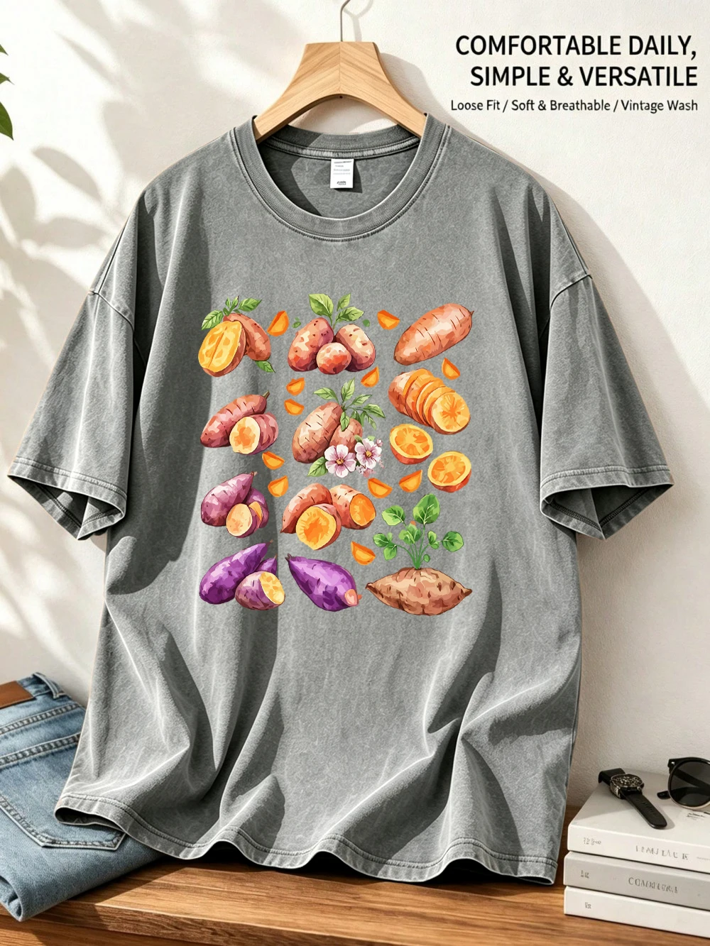 Watercolor Sweet Potato Printed Washed T-Shirts Womens Oversized Cotton Tops Comfortable O-Neck T Shirt Summer Woman Clothes