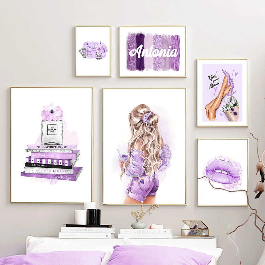 Purple Flower Girl Lipstick Book Makeup Wall Art Canvas Painting Nordic Posters And Prints Wall Pictures For Living Room Decor
