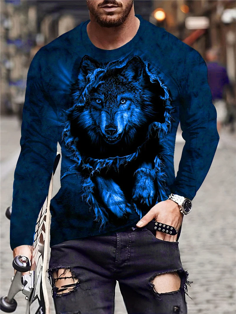 Tie-dye Animal Wolf Pattern Men's T-Shirts Long Sleeve 3D Printed Street Male Tee 6XL Plus Size Spring Autumn Casual Tops