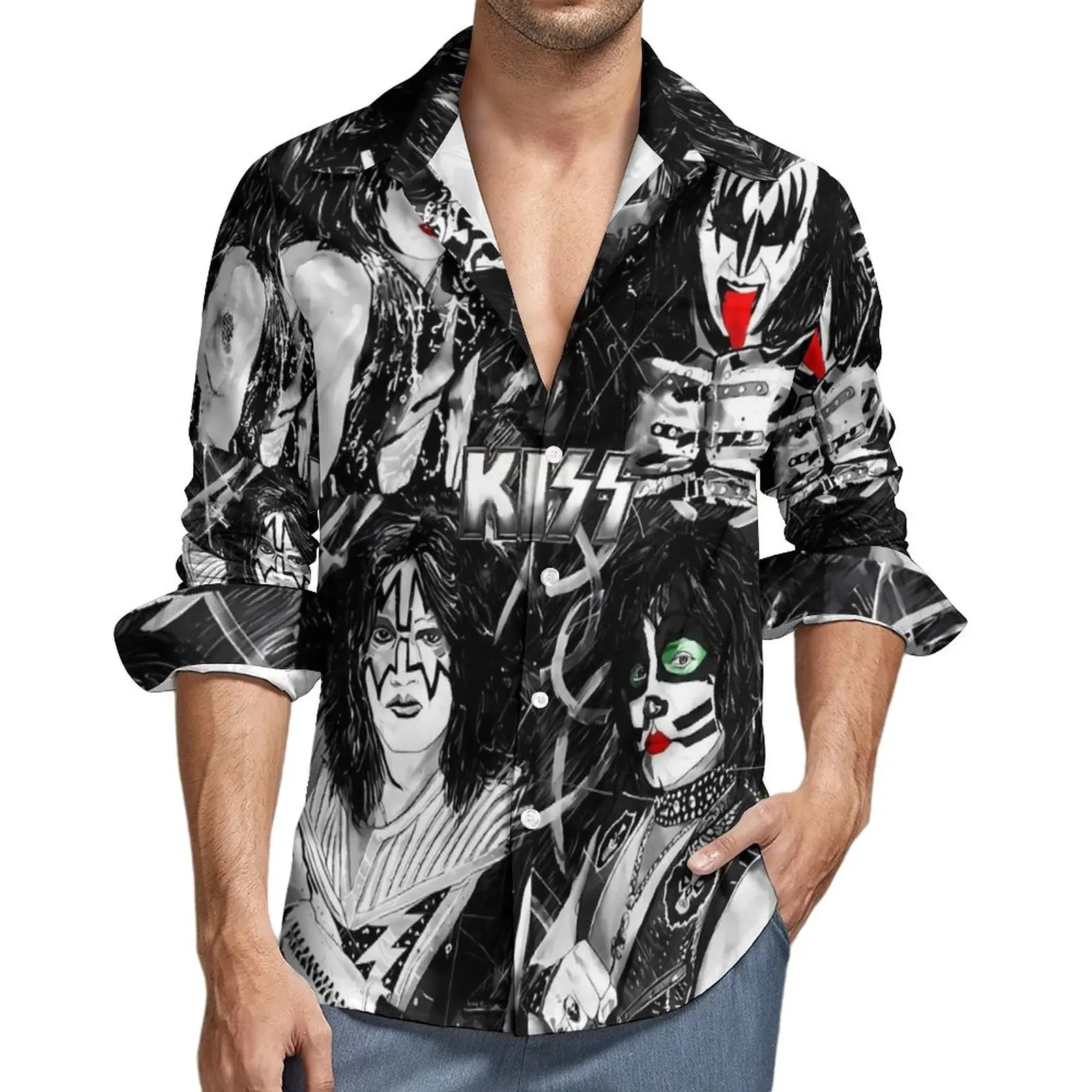 Homens e mulheres Kiss Band Camisa de lapela estampada 3D, moda casual, camisas de mangas compridas, roupas unissex de grandes dimensões