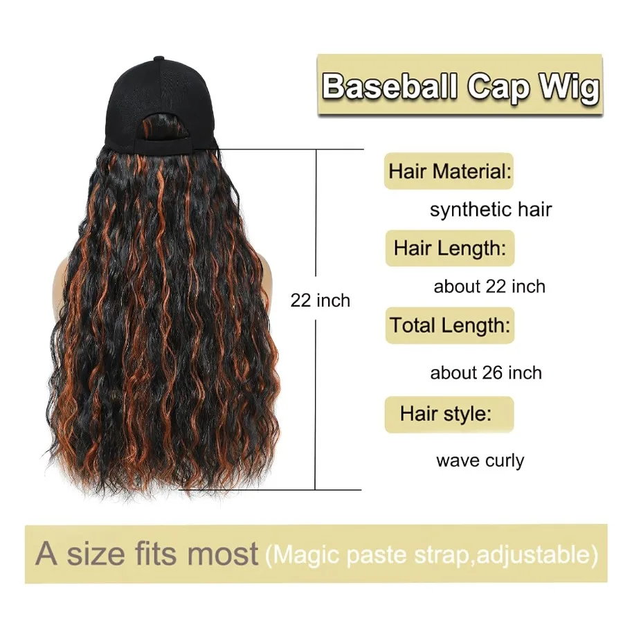 قبعة بيسبول باروكات مع وصلات شعر مموجة للجسم مرفقة للنساء تصفيفة شعر صناعية مجعدة مقاومة للحرارة قابلة للتعديل #3